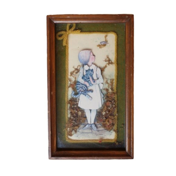 Vintage 1970's 3D wooden frame girl with a cat bird nature wall hanging collage - Picture 9 of 11